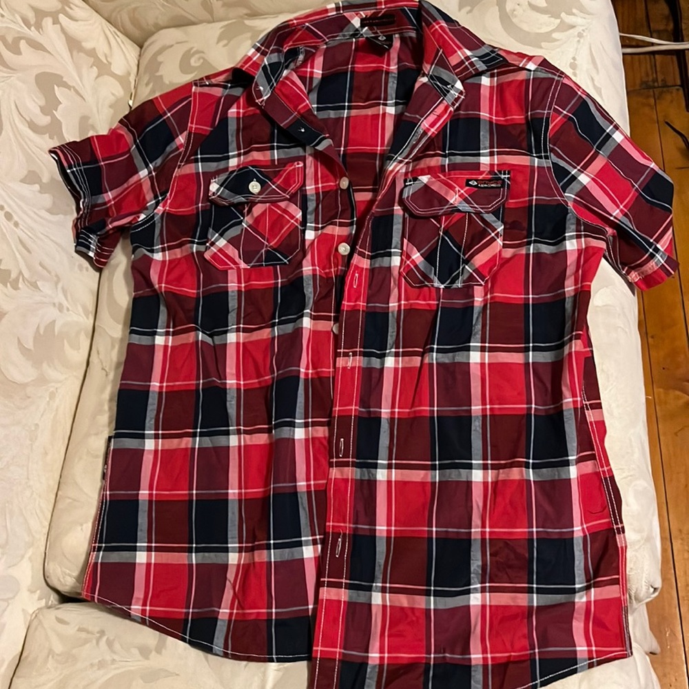Black red and white button up shirt